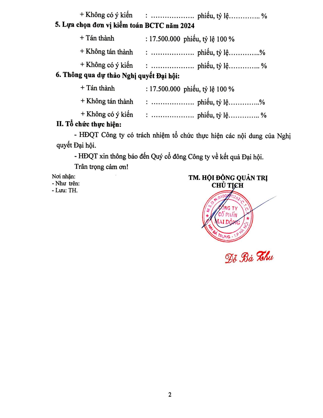 Thông báo Về kết quả Đại hội đồng cổ đông thường niên 2024